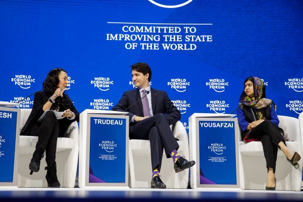 Pm Trudeau with Malala, Fabiola Gianotti, and Orit Gadiesh for a panel discussion on the importance of education in empowering women & girls.
